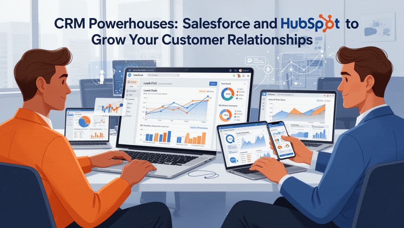 Modern illustration of a sales team in an office environment using laptops to access a CRM dashboard, tracking leads and deals with AI predictions in a clean orange and blue palette.