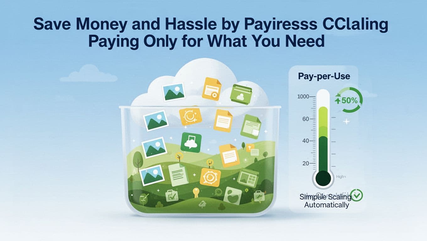 Illustration of a simple scalable cloud resource container filling with data icons like photos and files, with a meter showing low to high usage and automatic pay-per-use adjustment in a modern style with clean shapes and green-yellow-blue colors.