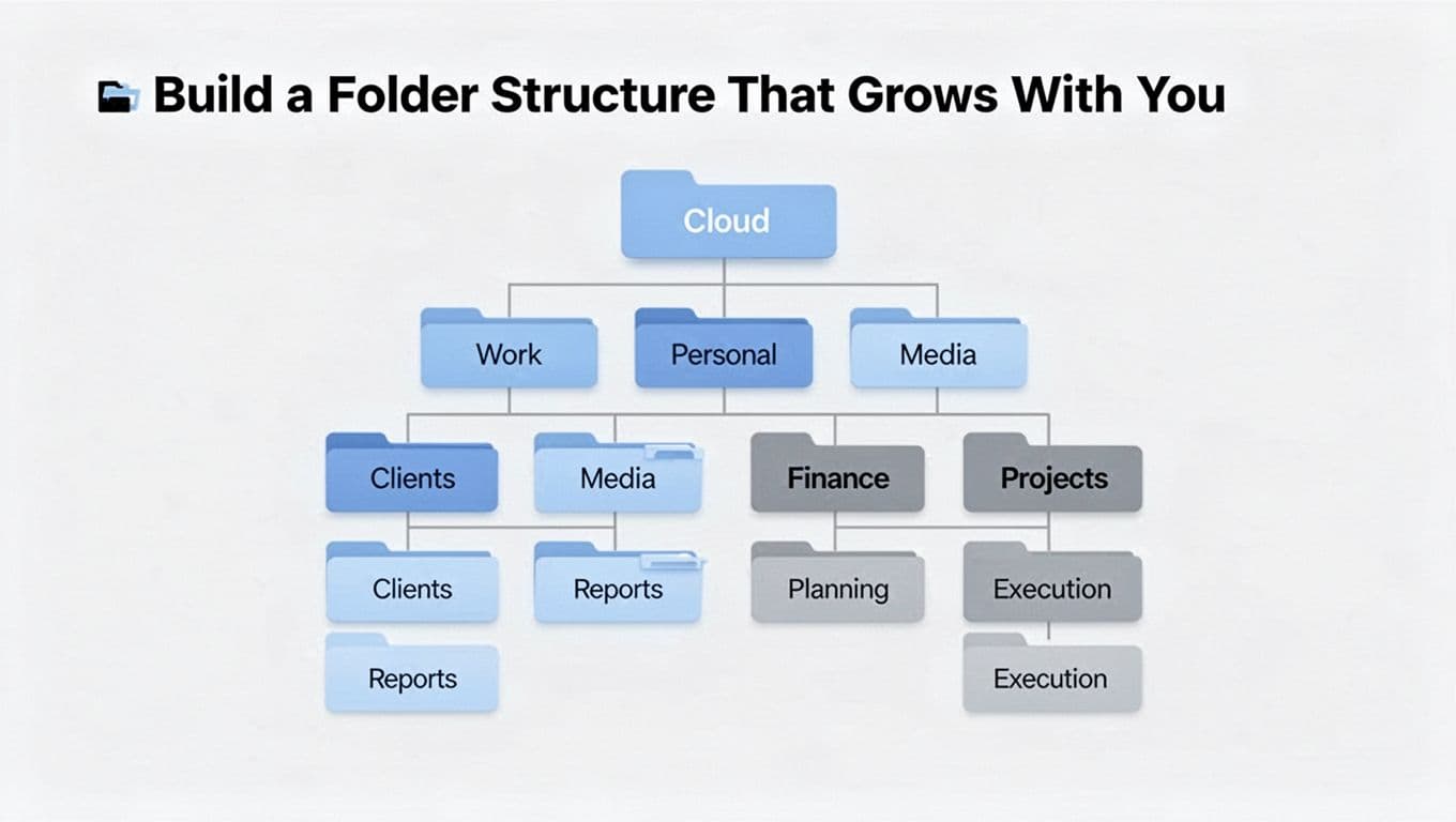 Modern illustration of a scalable cloud storage folder structure tree featuring top-level folders Work, Personal, Media, Finance, Projects with shallow nesting under Work (Clients, Reports) and Projects (Planning, Execution), using clean shapes in soft blue and gray on a light background.