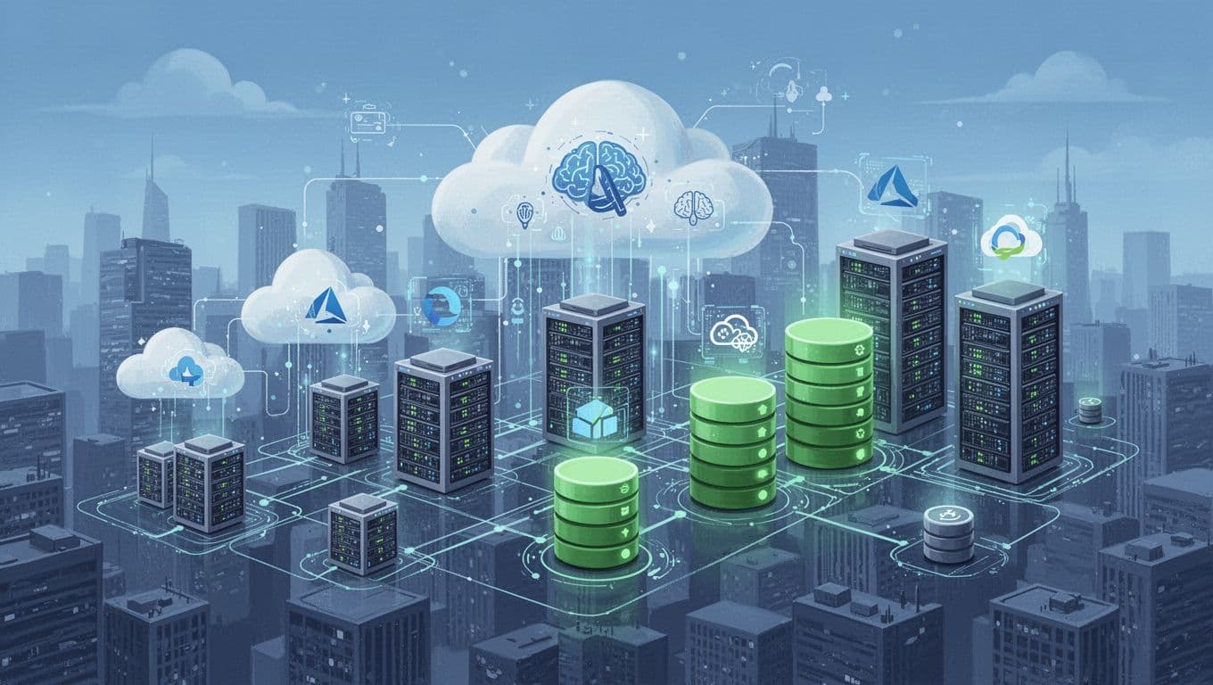 Modern illustration of a massive cloud infrastructure network featuring servers, data storage, and AI elements scaling from small to large within a digital cityscape, using clean shapes in blue and green tones with soft lighting.