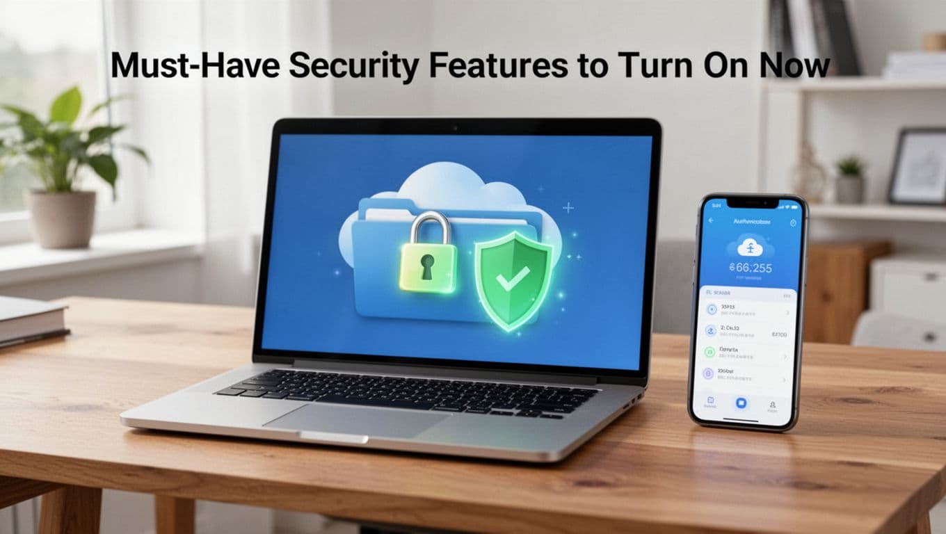 Modern illustration showing a laptop with a secure cloud icon and a phone displaying a 2FA authenticator screen, in clean shapes and security-focused colors.