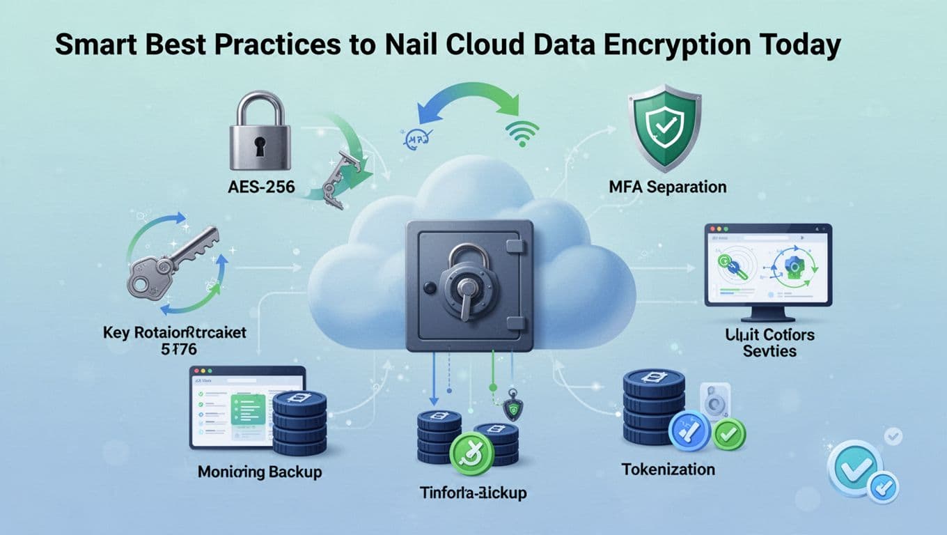 Modern illustration of secure cloud data encryption best practices featuring a central cloud vault surrounded by icons for AES-256 padlock, key rotation, MFA shield, key separation, monitoring dashboard, backups, and tokenization in blue-green tones on a subtle gradient background.
