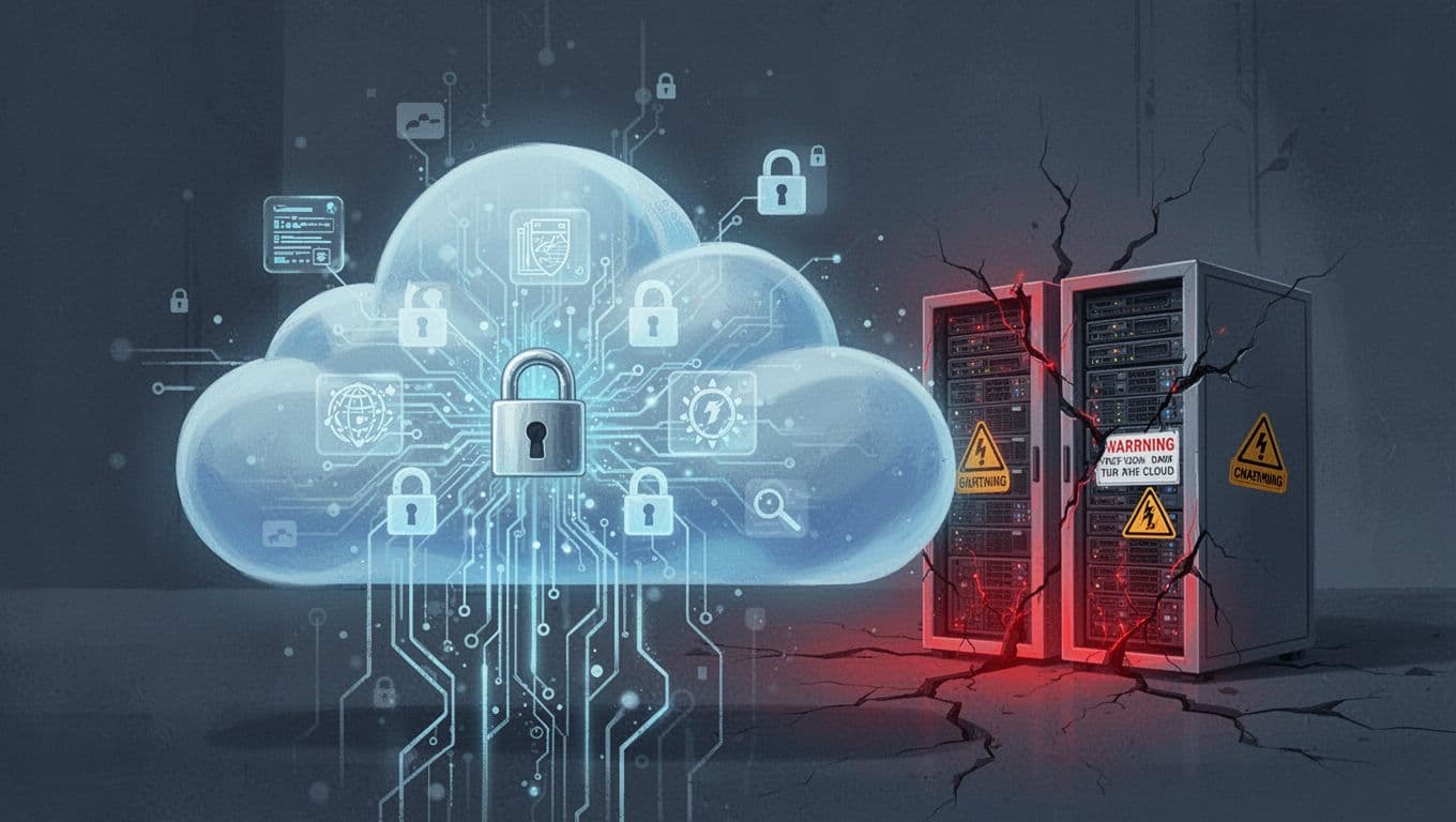 Modern illustration in cool blue tones featuring a robust glowing cloud shielding data icons and locks from digital threats, contrasted by a fragile cracked server rack with red warning signs in the background.