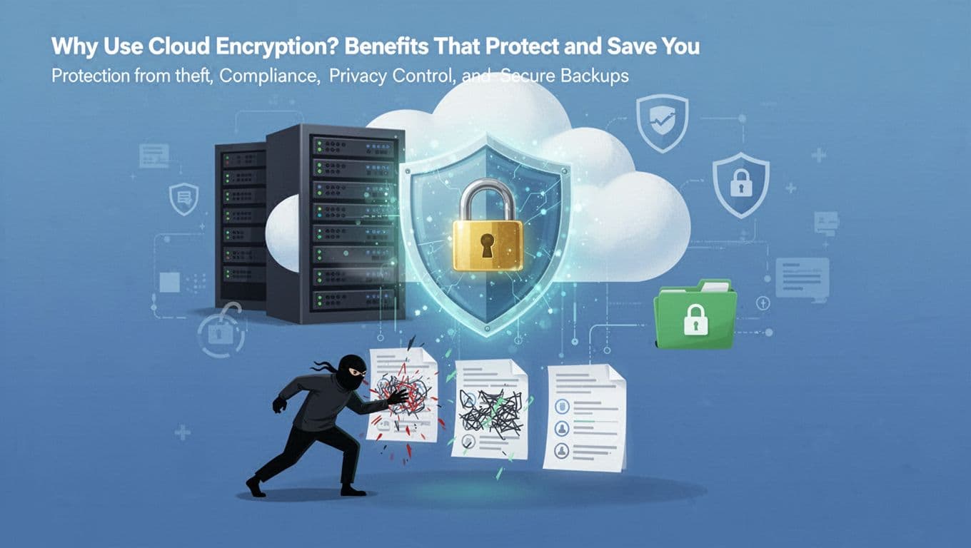 Modern illustration of a secure cloud server protected by glowing encryption shield and padlock, with a thief failing to access scrambled data files, surrounded by compliance icons and locked backups.