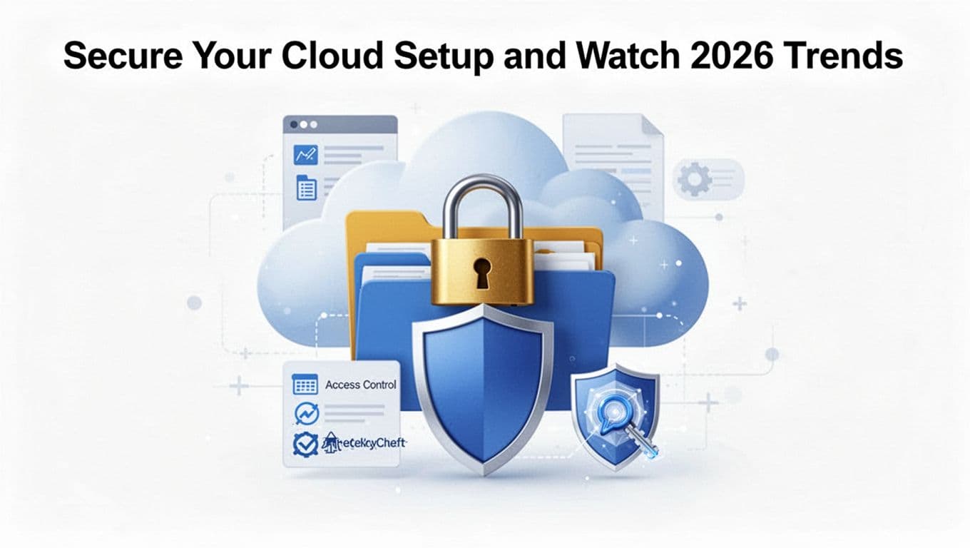 Modern illustration featuring a secure cloud lock integrated with data files, folders, padlock, and shield elements for cloud security setup.