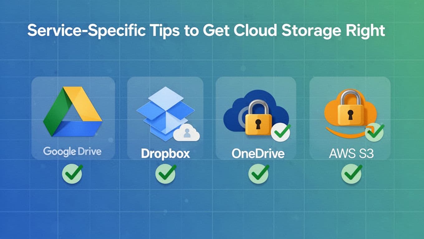 Modern grid illustration in blue-green palette showing icons for Google Drive, Dropbox, OneDrive, and AWS S3, each with secure lock and checkmark symbols.