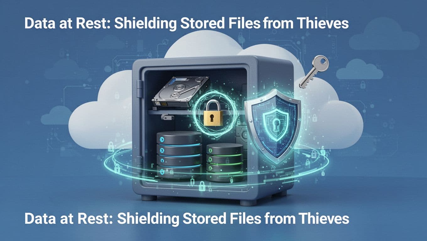 Modern illustration of a secure cloud storage vault with locked hard drives and databases inside, protected by a glowing encryption shield and floating key in blue and green tones.