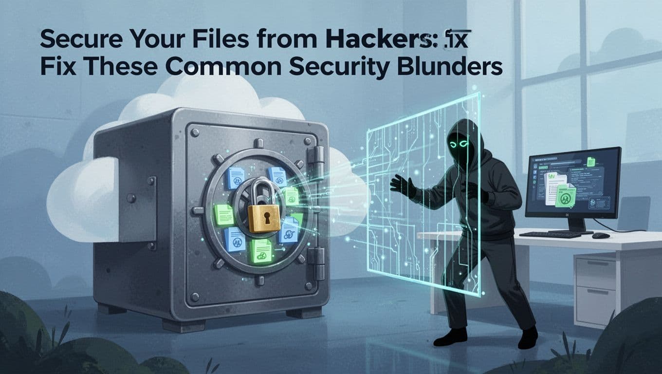 Modern illustration of a locked cloud storage vault protecting data files from a distant hacker behind a digital barrier, set in a simple office with desk and monitor.