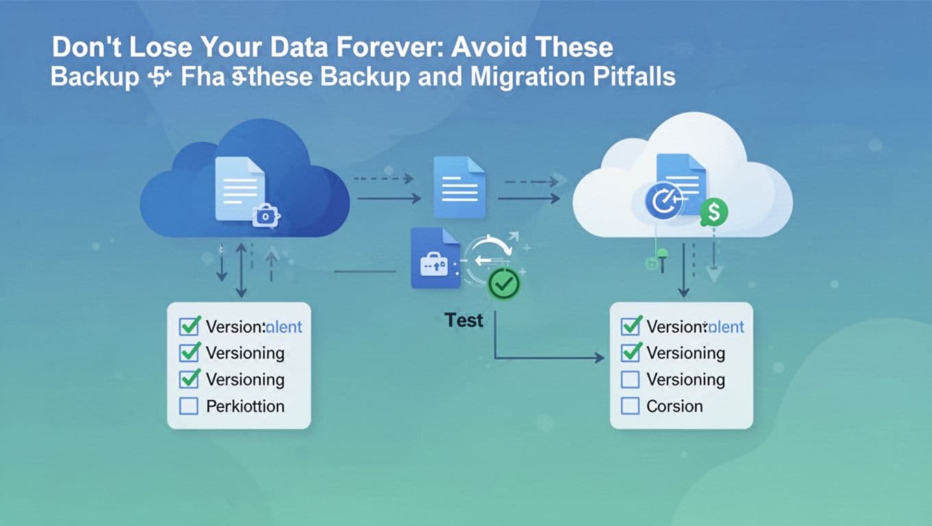 Modern illustration depicting a safe data backup and migration process between two clouds, featuring transferring files, checklists, versioning icons, and test symbols in a simple flowchart layout using a blue-green palette.