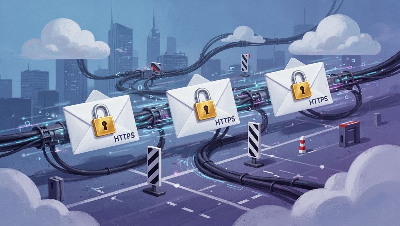 Modern illustration depicting encrypted data packets as locked envelopes traveling safely through network cables and clouds, secured with HTTPS locks and protective barriers in blue-purple tones.