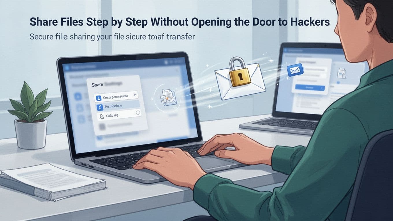 Modern illustration of a person at a home office desk with hands near a laptop showing blurred share settings and a locked envelope flying securely to another device, emphasizing safety in file transfer.