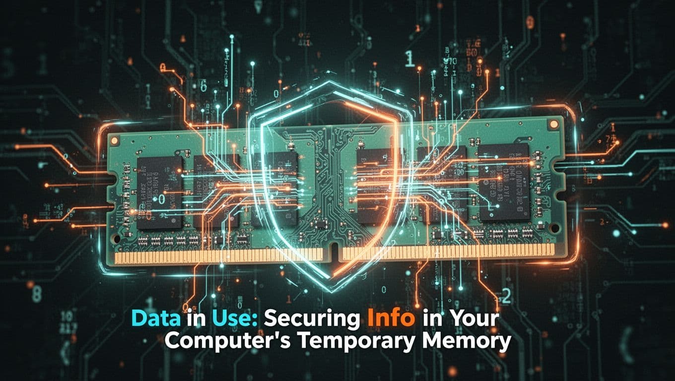 Modern illustration of two computer RAM modules enclosed by a glowing protective encryption barrier with safe data streams processing inside, in teal and orange colors.