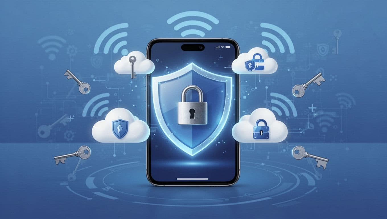 Modern illustration of a smartphone with a glowing shield and padlock protecting floating cloud data icons, featuring encryption keys and Wi-Fi signals in a clean minimalist blue design.
