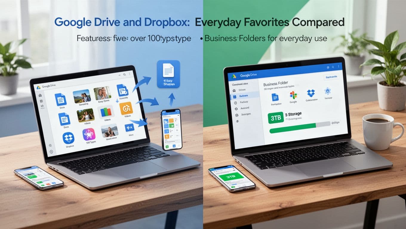 Modern illustration of a split desk in a bright home office with two laptops side by side; left laptop displays diverse file icons sharing to a phone, right laptop shows collaboration tools and 3TB storage, using clean shapes in blues and greens.