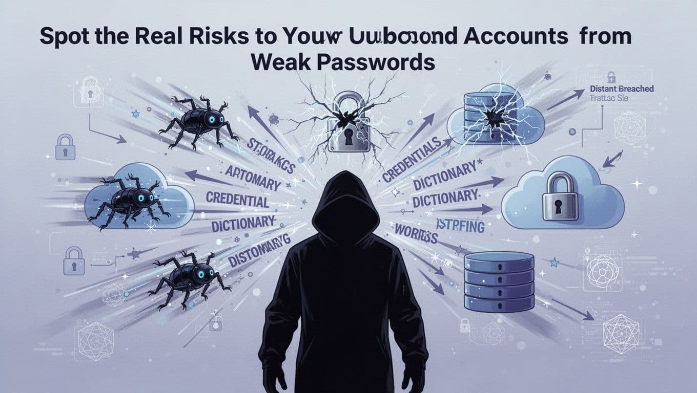 Dark silhouette of a hacker figure launching brute force attacks with speeding bots and dictionary words towards floating cloud storage icons featuring cracking locks, along with credential stuffing arrows from distant breached sites. Modern illustration in clean shapes, cool blue and purple tones on a light gradient background.