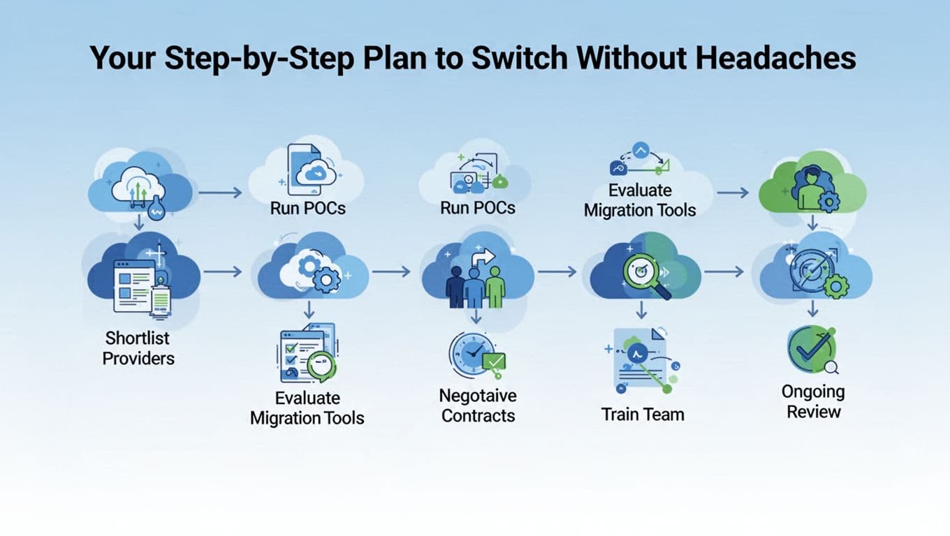 Modern flowchart icons depicting the cloud switch process: shortlist providers, run POCs, evaluate migration tools, negotiate contracts, train team, ongoing review. Clean shapes in blue and green tones on a gradient background with six connected icons.