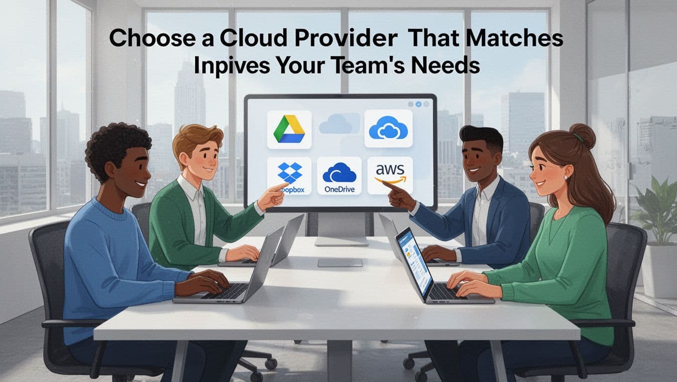 A diverse team evaluating cloud storage providers at a meeting table, with laptops and tablets showing cloud service icons.