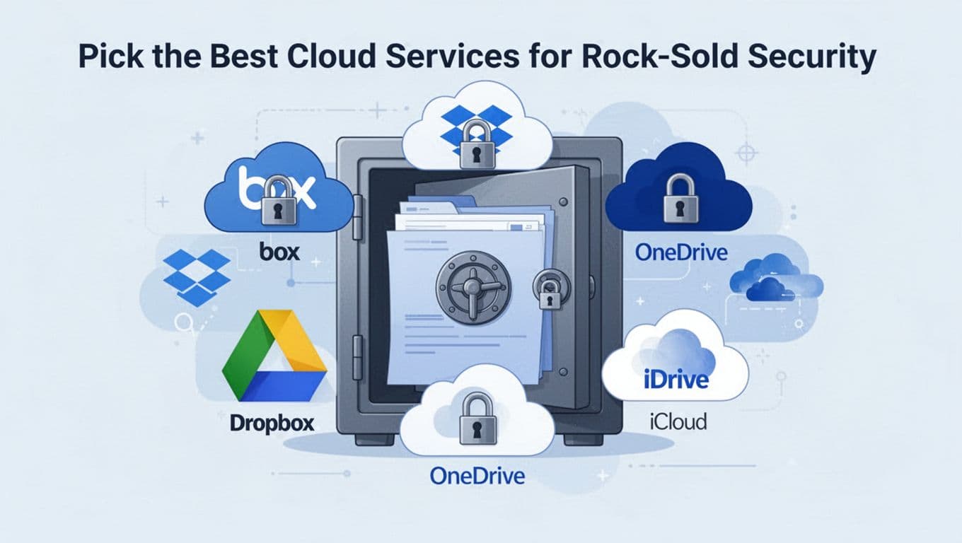 Modern illustration in clean shapes with cool blue and green palette, featuring six secure cloud storage icons (Box, Dropbox, OneDrive, Google Drive, iCloud, IDrive) arranged in a vault-like composition with subtle lock symbols on a light background.