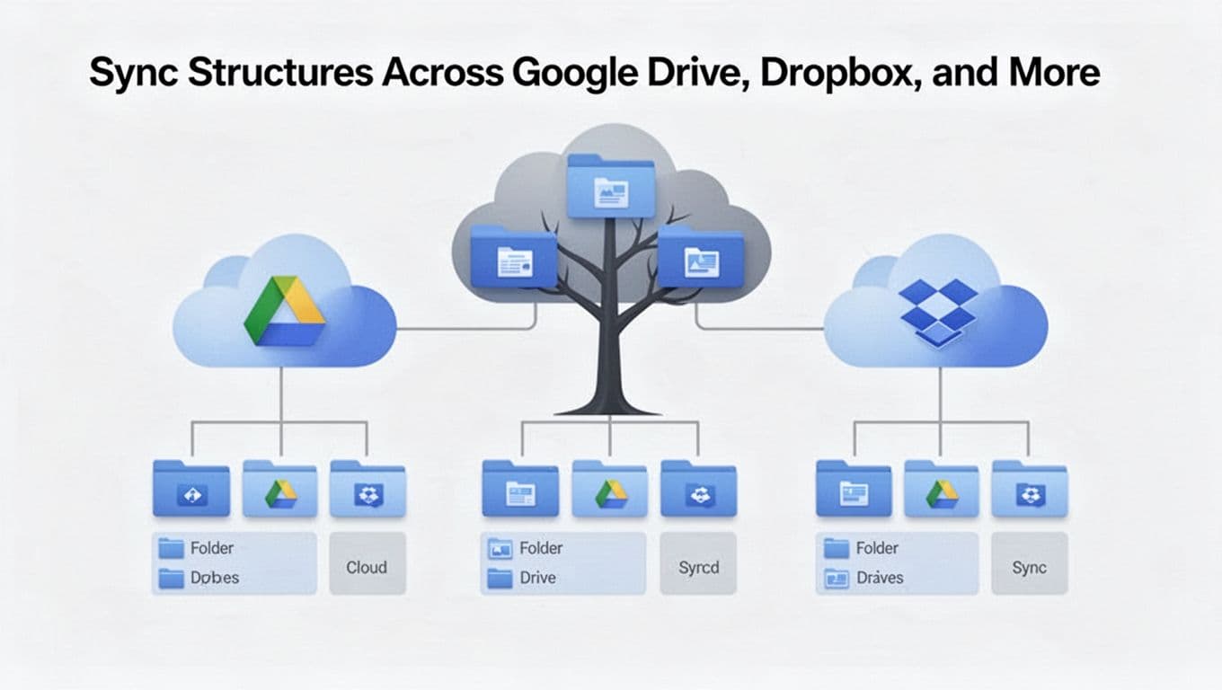 Illustration of a central folder tree connected to three cloud icons, representing identical folder structures synced across services.